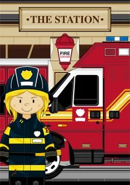 Cute Fireman - Firefighter and Fire Engine Illustration Illustrazione stock