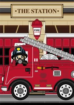 Cute Fireman - Firefighter and Fire Engine Illustration Illustrazione stock