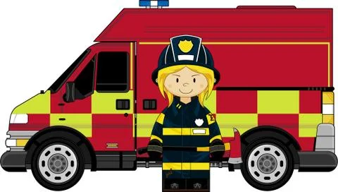 Cute Fireman - Firefighter and Fire Engine Illustration Stock-Illustration