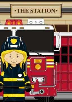 Cute Fireman - Firefighter and Fire Engine Illustration Stock-Illustration
