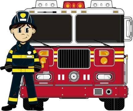 Cute Fireman - Firefighter and Fire Engine Illustration Stock Illustration