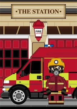 Cute Fireman - Firefighter and Fire Engine Illustration Illustrazione stock
