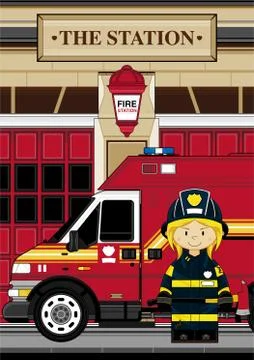Cute Fireman - Firefighter and Fire Engine Illustration Stock Illustration