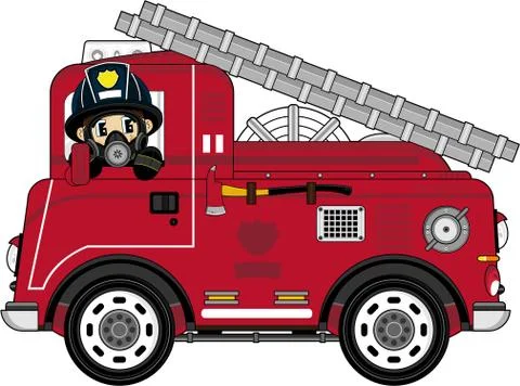 Cute Fireman - Firefighter and Fire Engine Illustration Stock-Illustration