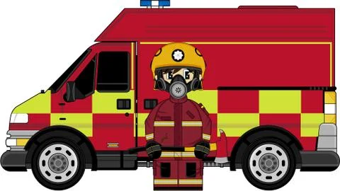 Cute Fireman - Firefighter and Fire Engine Illustration Stock Illustration
