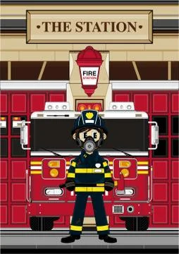 Cute Fireman - Firefighter and Fire Engine Illustration Stock Illustration