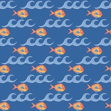 Cute fish and waves seamless pattern. Sea repeat texture on blue background. Stock Illustration