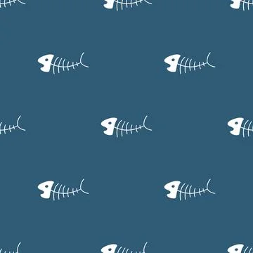 Cute Fish bones Seamless pattern. Cartoon Fish skeleton, background. Vector I Stock Illustration