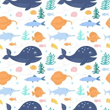 Cute fish, corals and shells. Ocean life and the underwater world Stock Illustration