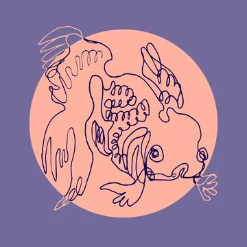 Cute fish in hand drawn line style on coral circle shape. Stock Illustration