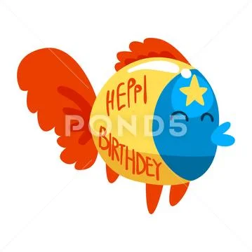 Cute fish with Heppi birthdey lettering, little sea creature character, marine Stock Illustration