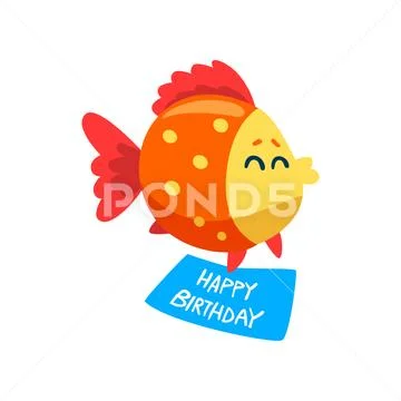Cute fish holding a happy birthday banner, little sea creature character, marine Stock Illustration