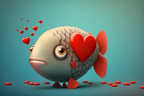 Cute Fish, isolated on a background with red hearts Stock Illustration