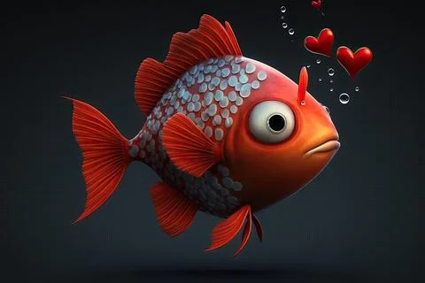 Cute Fish, isolated on a background with red hearts Stock Illustration