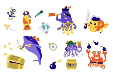 Cute fish pirates with different pirate elements Stock Illustration