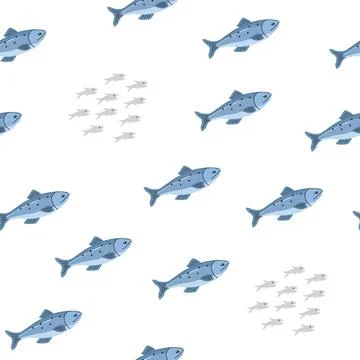 Cute fish seamless pattern. Cartoon salmon and sardines, background. Vector.. Stock Illustration