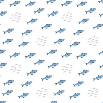 Cute fish seamless pattern. Cartoon salmon and sardines, background. Vector I Stock Illustration