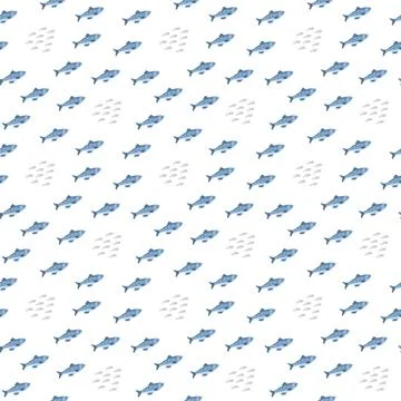 Cute fish seamless pattern. Cartoon salmon and sardines, background. Vector.. Stock Illustration