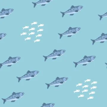 Cute fish seamless pattern. Cartoon salmon and sardines, background. Vector.. Stock Illustration