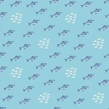 Cute fish seamless pattern. Cartoon salmon and sardines, background. Vector I Stock Illustration