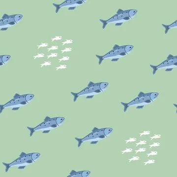 Cute fish seamless pattern. Cartoon salmon and sardines, background. Vector.. Stock Illustration