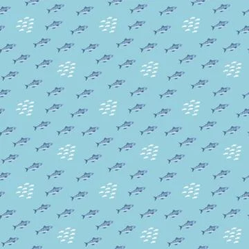 Cute fish seamless pattern. Cartoon salmon and sardines, background. Vector I Stock Illustration