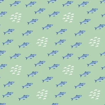 Cute fish seamless pattern. Cartoon salmon and sardines, background. Vector.. Stock Illustration
