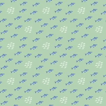 Cute fish seamless pattern. Cartoon salmon and sardines, background. Vector.. Stock Illustration