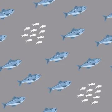 Cute fish seamless pattern. Cartoon salmon and sardines, background. Vector.. Stock Illustration