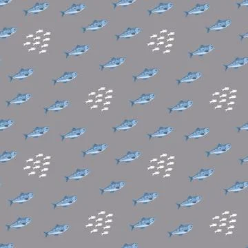 Cute fish seamless pattern. Cartoon salmon and sardines, background. Vector.. Stock Illustration