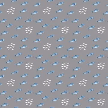 Cute fish seamless pattern. Cartoon salmon and sardines, background. Vector.. イラスト素材