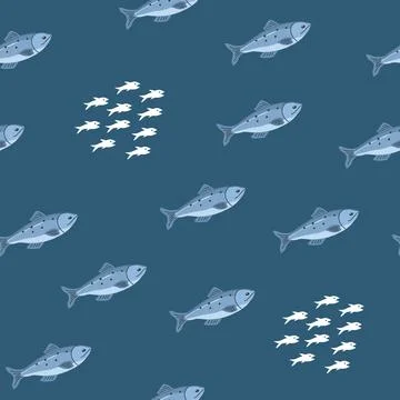 Cute fish seamless pattern. Cartoon salmon and sardines, background. Vector I Illustrazione stock