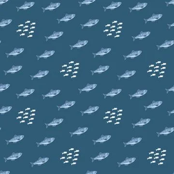 Cute fish seamless pattern. Cartoon salmon and sardines, background. Vector.. Illustrazione stock