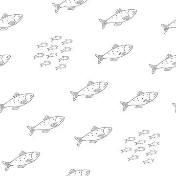 Cute fish seamless pattern. Cartoon salmon and sardines, background. Vector.. Stock Illustration
