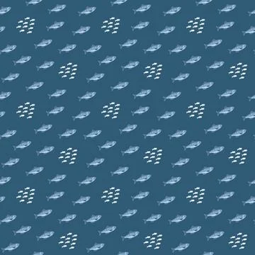 Cute fish seamless pattern. Cartoon salmon and sardines, background. Vector.. Stock Illustration