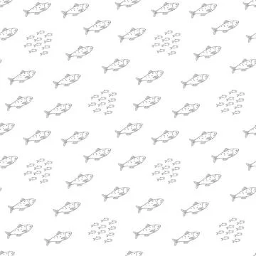 Cute fish seamless pattern. Cartoon salmon and sardines, background. Vector.. Stock Illustration