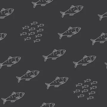 Cute fish seamless pattern. Cartoon salmon and sardines, background. Vector I Stock Illustration