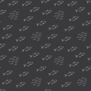 Cute fish seamless pattern. Cartoon salmon and sardines, background. Vector.. Stock Illustration