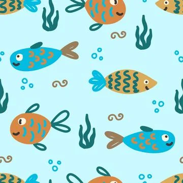 Cute fish seamless pattern, kids underwater design, child background Stock Illustration