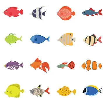 Cute fish vector illustration icons set. Tropical fish, sea fish, aquarium .. Stock Illustration