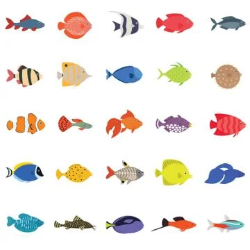 Cute fish vector illustration icons set. Tropical fish, sea fish, aquarium fi Stock Illustration