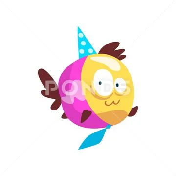 Cute fish wearing party hat and necktie, little sea creature character, marine Stock Illustration