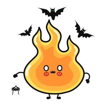Cute flame character with bats and spider Stock Illustration