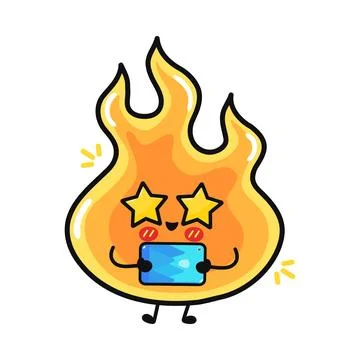 Cute flame character using smartphone happily Иллюстрация