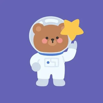 Cute Flat Bear Astronaut Holding Star with Purple Space Background Stock Illustration