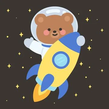Cute Flat Bear Astronaut Riding Rocket Through Starry Space Illustrazione stock