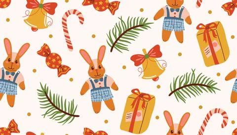 Cute flat cartoon Christmas pattern with plush bunny, gift, candy cane, bel.. Stock Illustration