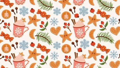 Cute flat cartoon Christmas pattern with a mug of hot cocoa with cinnamon, .. Stock Illustration