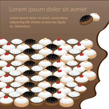 Cute flat cartoon  page template with many cinds of doughnuts Stock Illustration