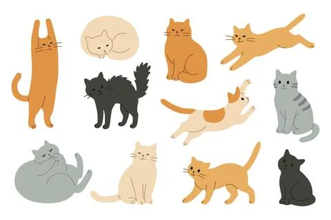Cute flat cats set in funny poses Stock Illustration